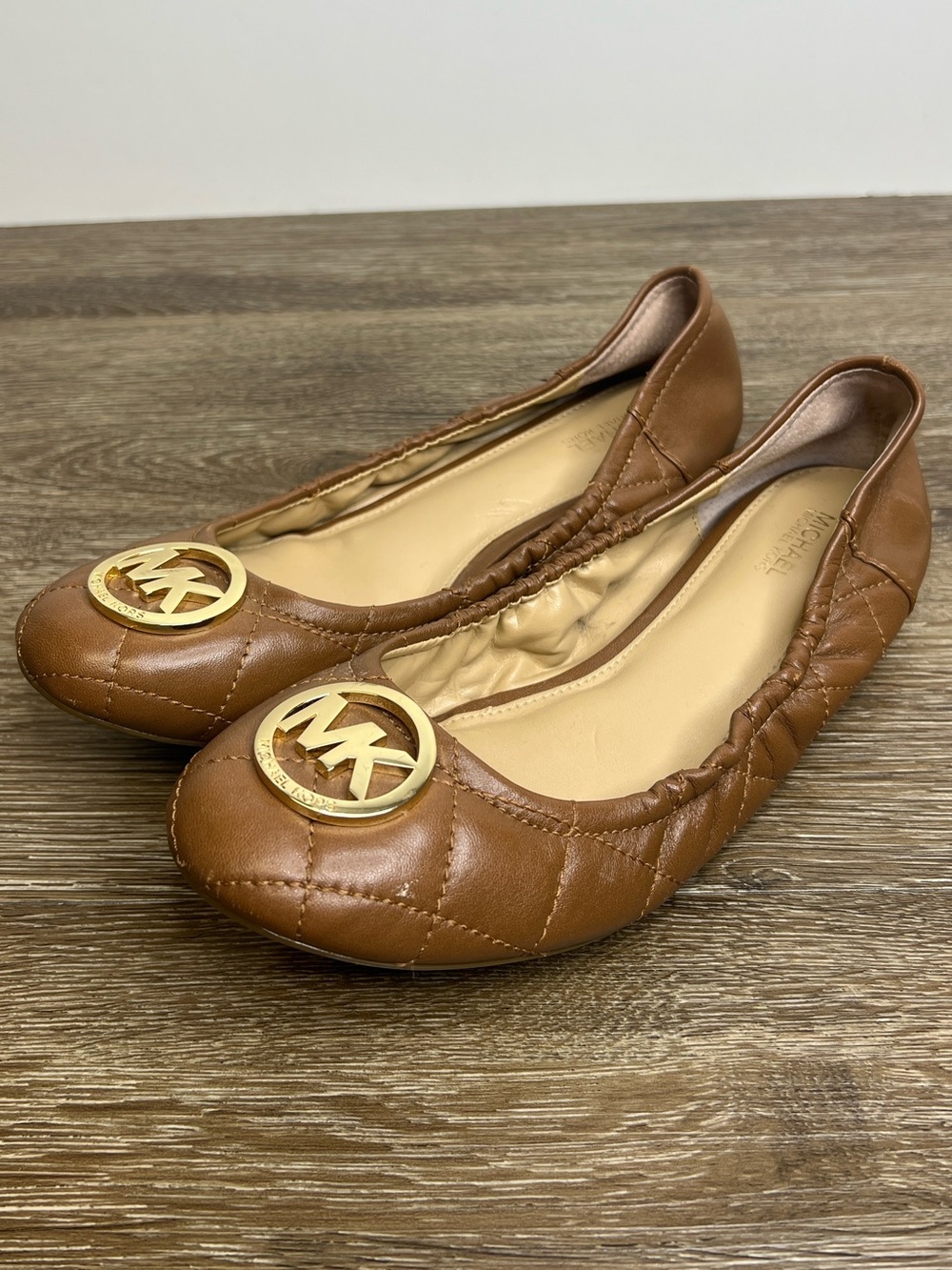 Michael Kors Quilted Leather Ballet Flats Brown Gold Logo | Women’s 8.5